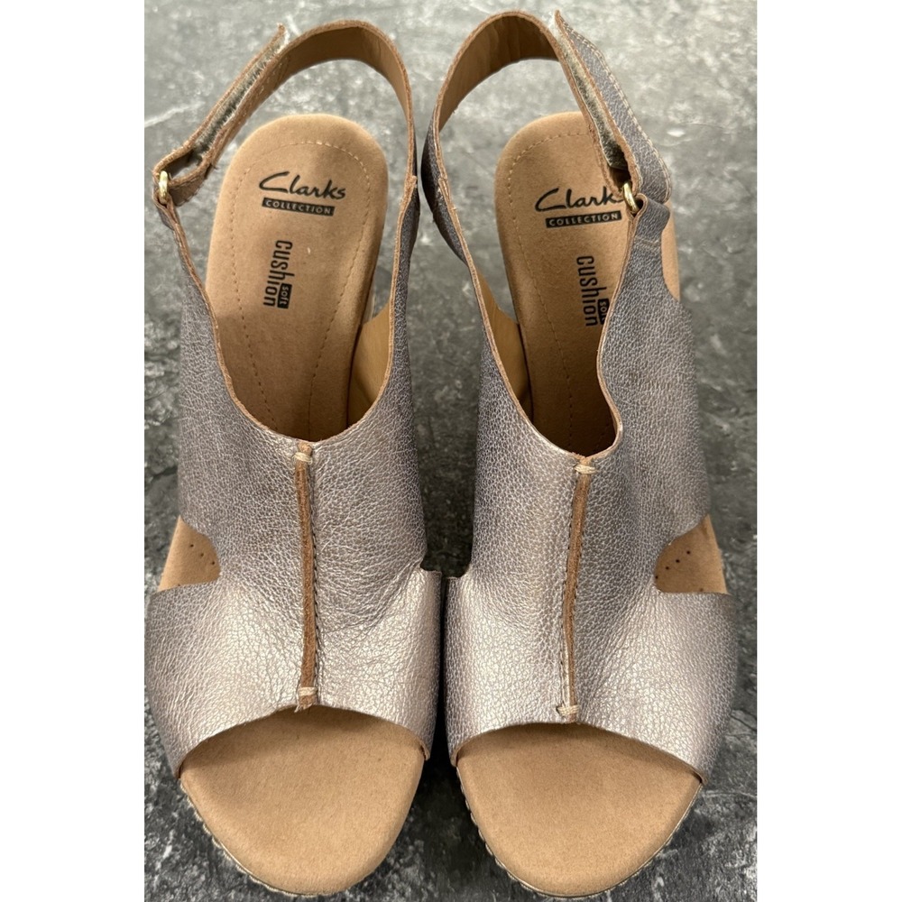 CLARKS Womens Cork Wedge Heel Sandal Gold Leather Open Toe Slingback Shoe 10M